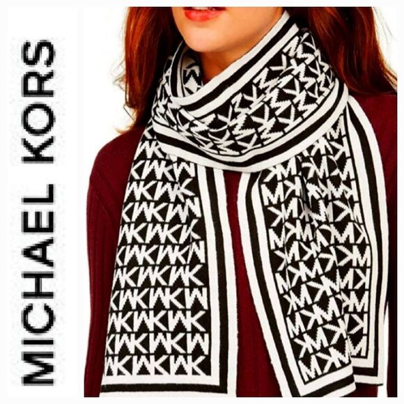 Michael Kors Bordered MK Logo Muffler Scarf - Picture 1 of 7